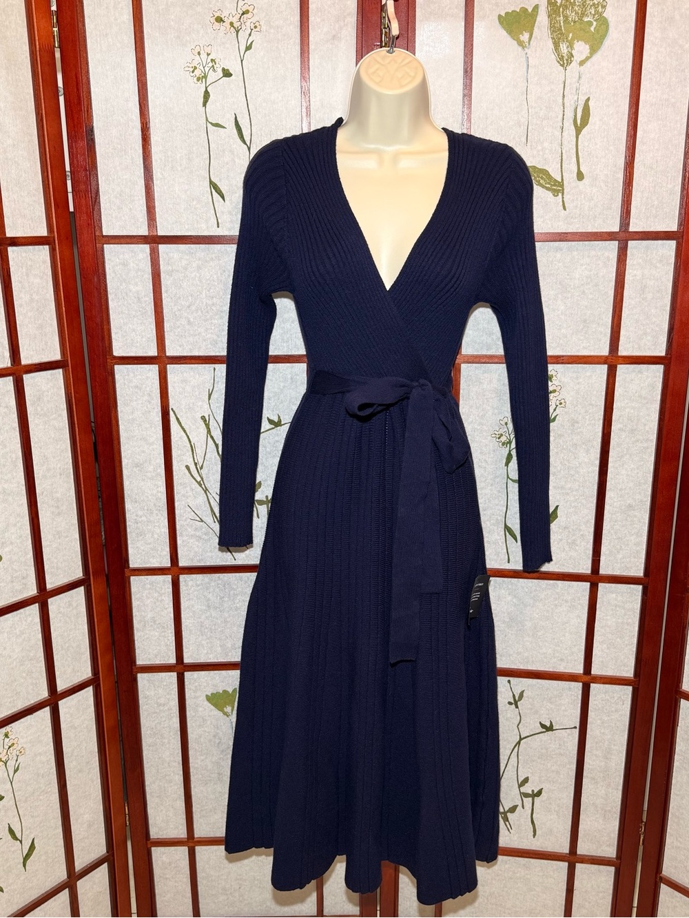 NWT- Lulus Warm Emotions Navy Blue Skater Midi Sweater Dress tie waist size S